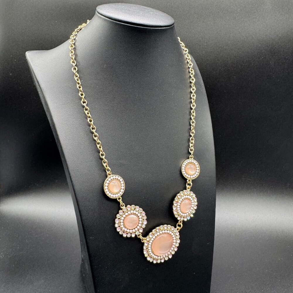 Gold Tone Chain Necklace Rhinestones Faux Pearls Light Creamy Peach Glass Stones